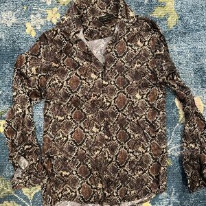 Zara Brown Tan Snakeskin Print Button Up Long Sleeve Blouse Size Medium